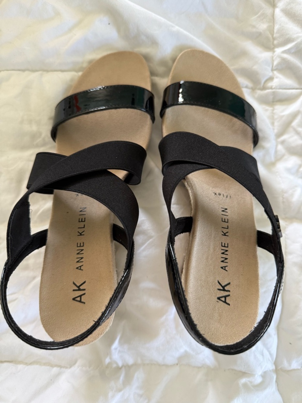 Anne Klein Black Elastic Crossover Sandals with Patent Strap